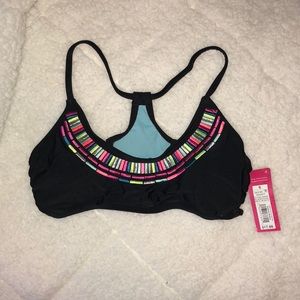 NWT black/multi-color accent bikini top